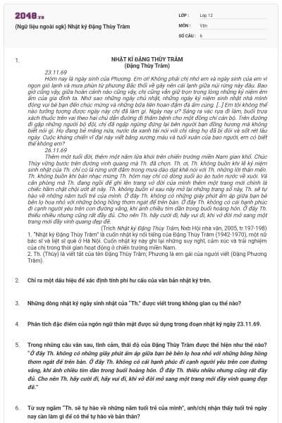(Ngữ liệu ngoài sgk) Nhật ký Đặng Thùy Trâm