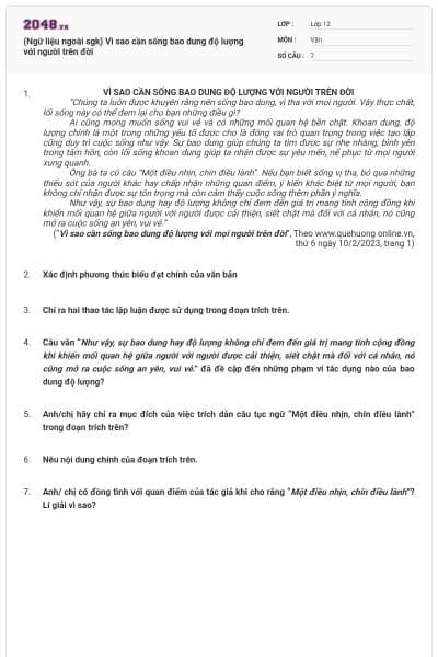 (Ngữ liệu ngoài sgk) Vì sao cần sống bao dung độ lượng với người trên đời