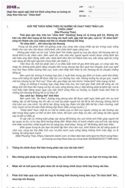 (Ngữ liệu ngoài sgk) Giới trẻ thích sống theo xu hướng và chạy theo trào lưu " Chữa lành"