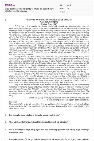 (Ngữ liệu ngoài sgk) Hồ Quý Ly và những bài học lịch sử về cải cách văn hóa, giáo dục