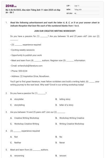Bộ 3 đề thi KSCL đầu năm Tiếng Anh 11 năm 2025 có đáp án - Đề 1
