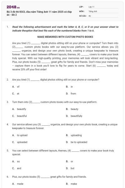 Bộ 3 đề thi KSCL đầu năm Tiếng Anh 11 năm 2025 có đáp án - Đề 2