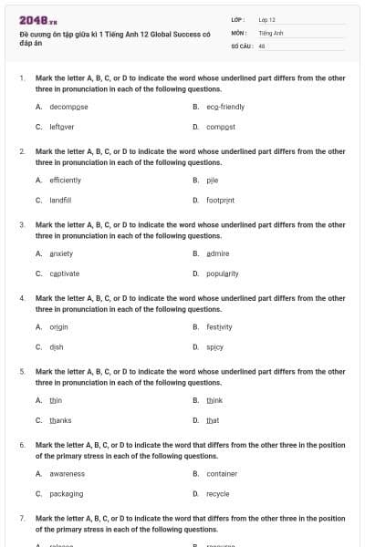 Đề cương ôn tập giữa kì 1 Tiếng Anh 12 Global Success có đáp án