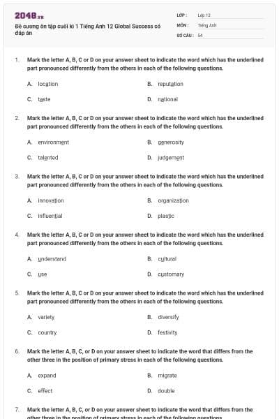 Đề cương ôn tập cuối kì 1 Tiếng Anh 12 Global Success có đáp án