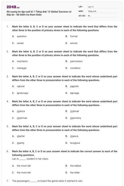 Đề cương ôn tập cuối kì 1 Tiếng Anh 12 Global Success có đáp án - Đề kiểm tra tham khảo