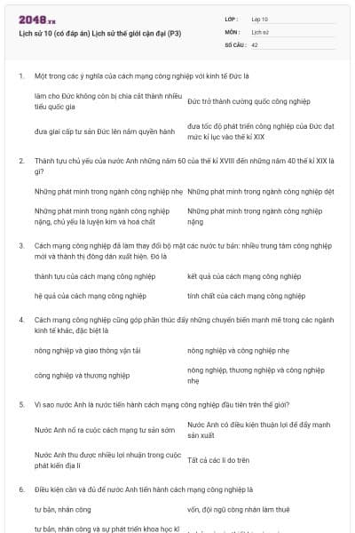 Lịch sử 10 (có đáp án) Lịch sử thế giới cận đại (P3)
