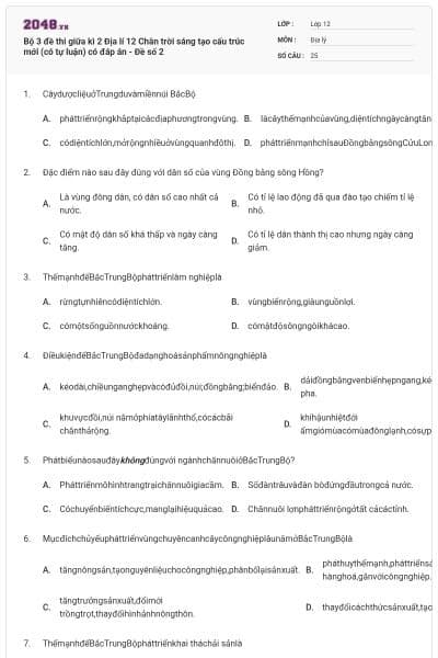 Bộ 3 đề thi giữa kì 2 Địa lí 12 Chân trời sáng tạo cấu trúc mới (có tự luận) có đáp án - Đề số 2