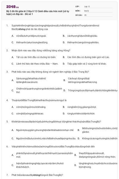 Bộ 3 đề thi giữa kì 2 Địa lí 12 Cánh diều cấu trúc mới (có tự luận) có đáp án - Đề số 1