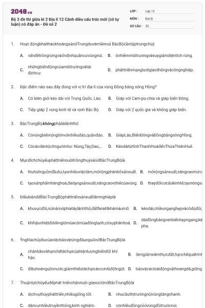 Bộ 3 đề thi giữa kì 2 Địa lí 12 Cánh diều cấu trúc mới (có tự luận) có đáp án - Đề số 2