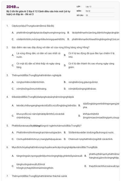 Bộ 3 đề thi giữa kì 2 Địa lí 12 Cánh diều cấu trúc mới (có tự luận) có đáp án - Đề số 3