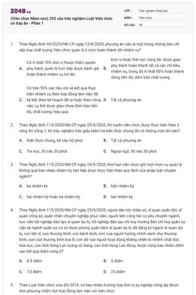 (Viên chức Mầm non) 292 câu trắc nghiệm Luật Viên chức có đáp án - Phần 1