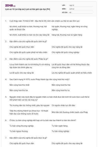 Lịch sử 10 (có đáp án) Lịch sử thế giới cận đại (P4)