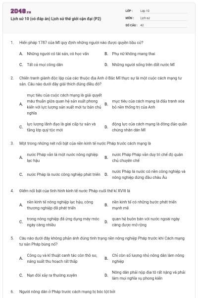 Lịch sử 10 (có đáp án) Lịch sử thế giới cận đại (P2)