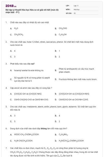 Bài tập Lý thuyết Hóa học Hữu cơ có giải chi tiết (mức độ nhận biết - P1)