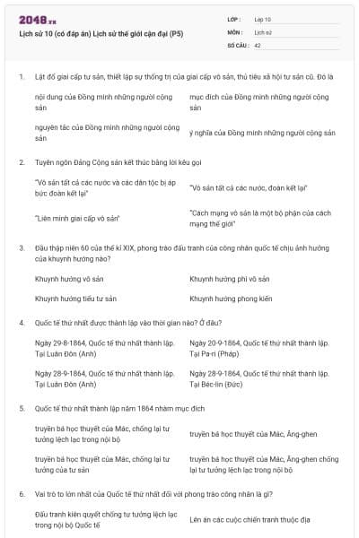 Lịch sử 10 (có đáp án) Lịch sử thế giới cận đại (P5)