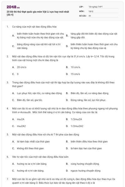 20 Đề thi thử thpt quốc gia môn Vật Lí cực hay mới nhất (đề 4)