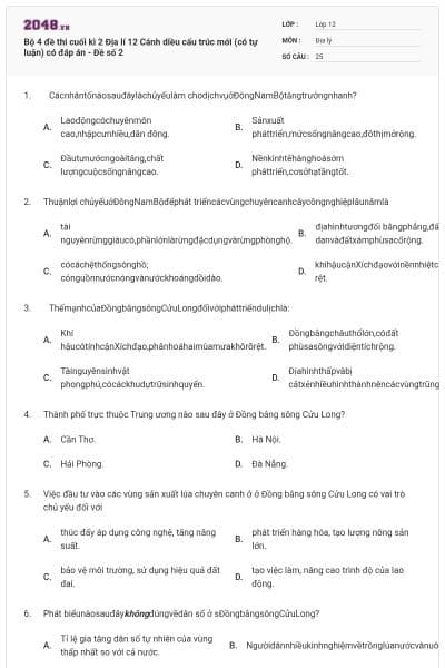 Bộ 4 đề thi cuối kì 2 Địa lí 12 Cánh diều cấu trúc mới (có tự luận) có đáp án - Đề số 2