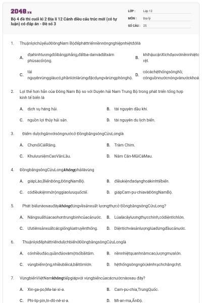 Bộ 4 đề thi cuối kì 2 Địa lí 12 Cánh diều cấu trúc mới (có tự luận) có đáp án - Đề số 3
