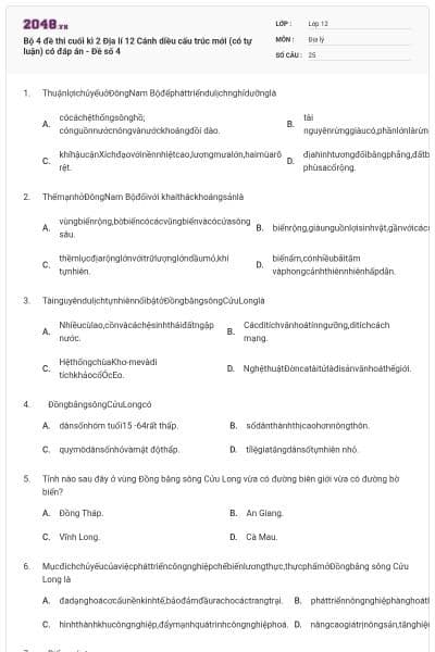 Bộ 4 đề thi cuối kì 2 Địa lí 12 Cánh diều cấu trúc mới (có tự luận) có đáp án - Đề số 4