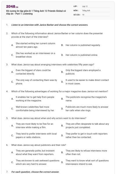 Đề cương ôn tập giữa kì 1 Tiếng Anh 12 Friends Global có đáp án - Part 1: Listening