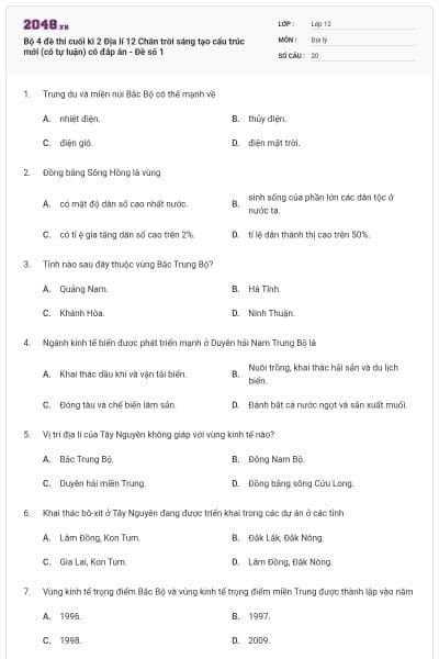 Bộ 4 đề thi cuối kì 2 Địa lí 12 Chân trời sáng tạo cấu trúc mới (có tự luận) có đáp án - Đề số 1
