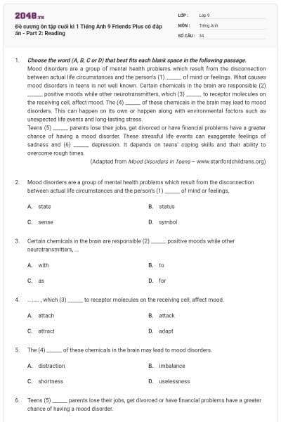 Đề cương ôn tập cuối kì 1 Tiếng Anh 9 Friends Plus có đáp án - Part 2: Reading