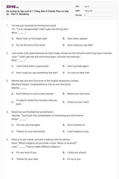 Đề cương ôn tập cuối kì 1 Tiếng Anh 9 Friends Plus có đáp án - Part 3: Speaking