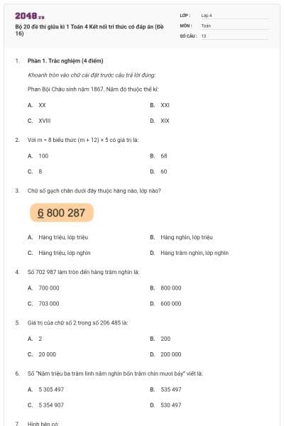 Bộ 20 đề thi giữa kì 1 Toán 4 Kết nối tri thức có đáp án (Đề 16)