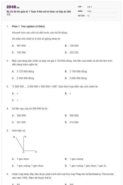 Bộ 20 đề thi giữa kì 1 Toán 4 Kết nối tri thức có đáp án (Đề 17)