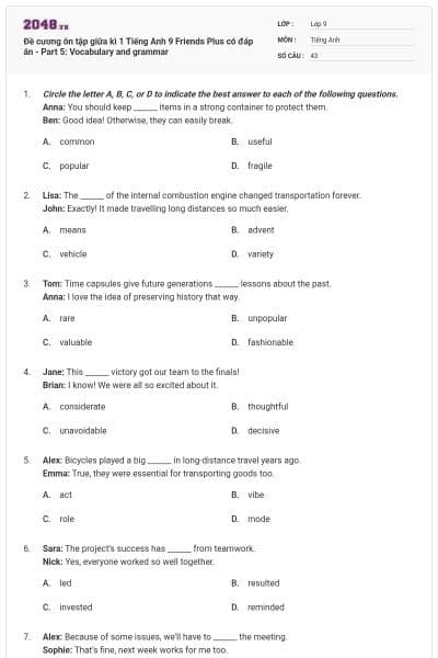 Đề cương ôn tập giữa kì 1 Tiếng Anh 9 Friends Plus có đáp án - Part 5: Vocabulary and grammar