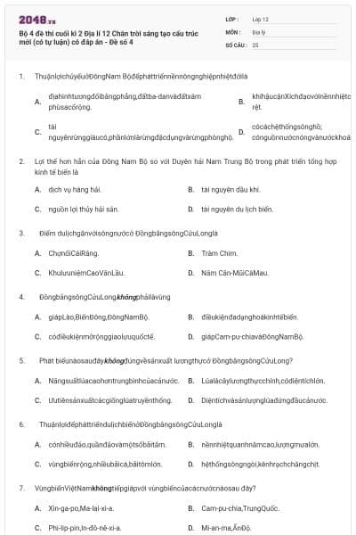 Bộ 4 đề thi cuối kì 2 Địa lí 12 Chân trời sáng tạo cấu trúc mới (có tự luận) có đáp án - Đề số 4