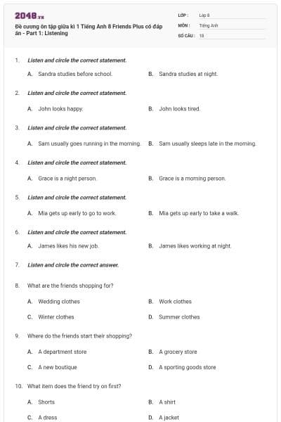 Đề cương ôn tập giữa kì 1 Tiếng Anh 8 Friends Plus có đáp án - Part 1: Listening