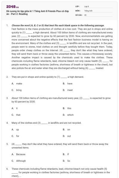 Đề cương ôn tập giữa kì 1 Tiếng Anh 8 Friends Plus có đáp án - Part 2: Reading