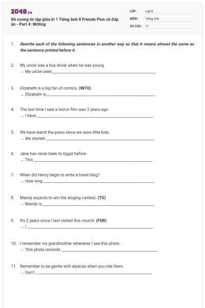 Đề cương ôn tập giữa kì 1 Tiếng Anh 8 Friends Plus có đáp án - Part 4: Writing