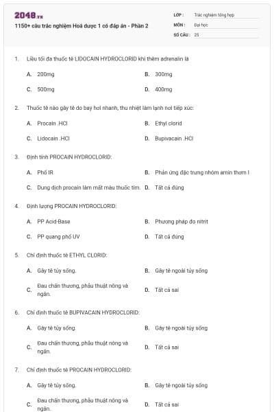 1150+ câu trắc nghiệm Hoá dược 1 có đáp án - Phần 2