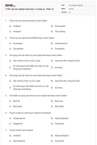 1150+ câu trắc nghiệm Hoá dược 1 có đáp án - Phần 10