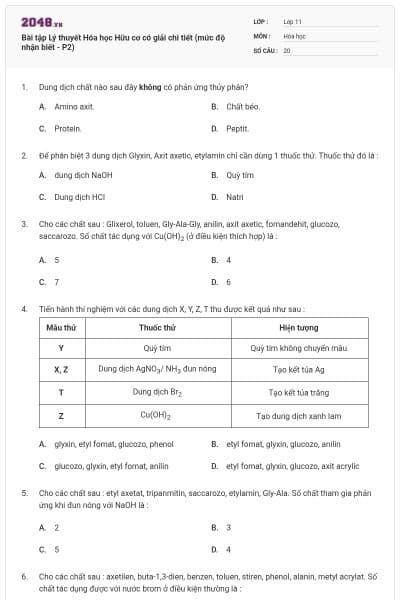 Bài tập Lý thuyết Hóa học Hữu cơ có giải chi tiết (mức độ nhận biết - P2)