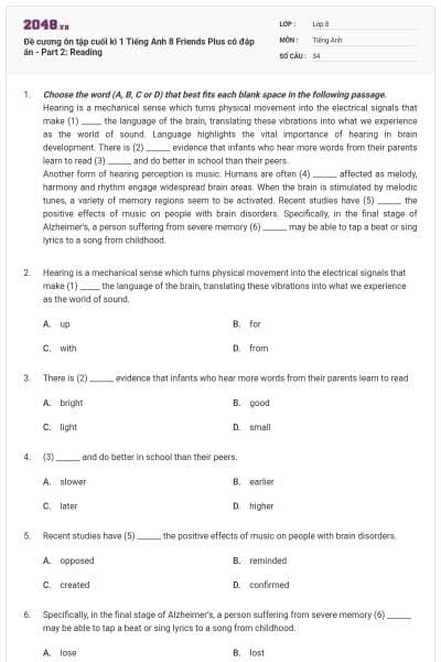 Đề cương ôn tập cuối kì 1 Tiếng Anh 8 Friends Plus có đáp án - Part 2: Reading