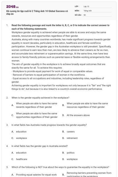 Đề cương ôn tập cuối kì 2 Tiếng Anh 10 Global Success có đáp án