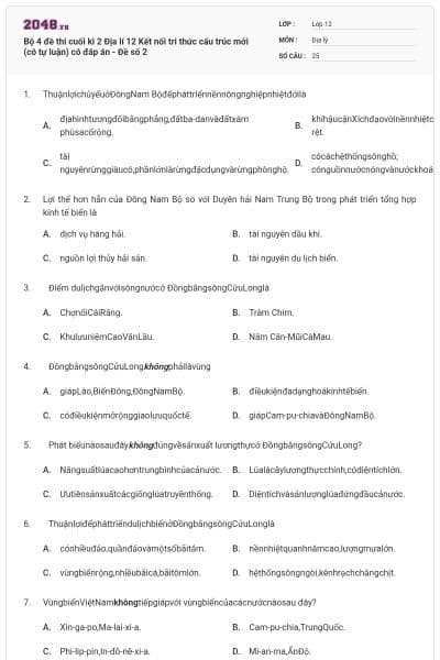 Bộ 4 đề thi cuối kì 2 Địa lí 12 Kết nối tri thức cấu trúc mới (có tự luận) có đáp án - Đề số 2