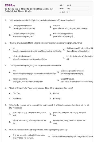 Bộ 4 đề thi cuối kì 2 Địa lí 12 Kết nối tri thức cấu trúc mới (có tự luận) có đáp án - Đề số 4
