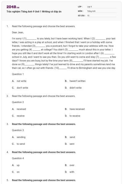 Trắc nghiệm Tiếng Anh 9 Unit 1 Writing có đáp án