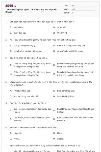 12 câu Trắc nghiệm Địa Lí 11 Bài 9 (có đáp án): Nhật Bản (Phần 5)