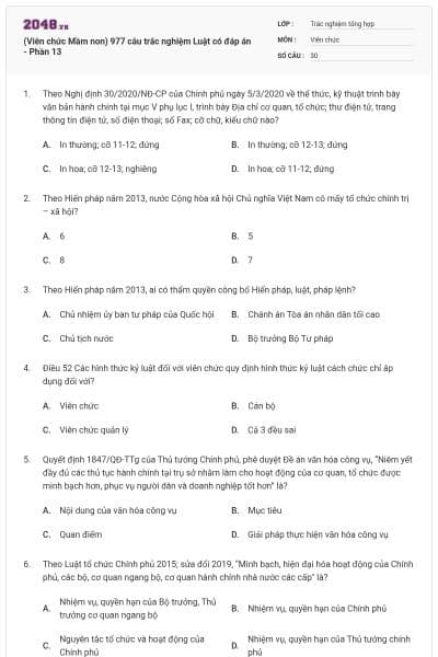 (Viên chức Mầm non) 977 câu trắc nghiệm Luật có đáp án - Phần 13
