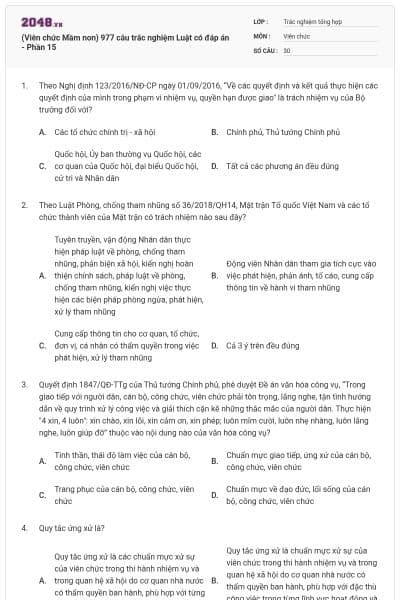 (Viên chức Mầm non) 977 câu trắc nghiệm Luật có đáp án - Phần 15