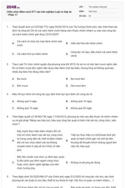 (Viên chức Mầm non) 977 câu trắc nghiệm Luật có đáp án - Phần 17