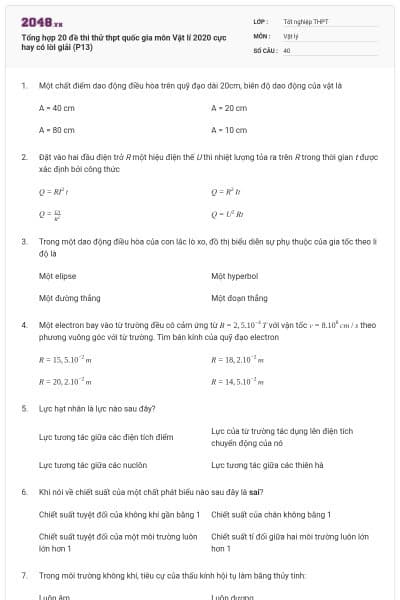 Tổng hợp 20 đề thi thử thpt quốc gia môn Vật lí 2020 cực hay có lời giải (P13)