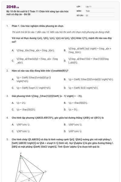 Bộ 10 đề thi cuối kì 2 Toán 11 Chân trời sáng tạo cấu trúc mới có đáp án - Đề 06