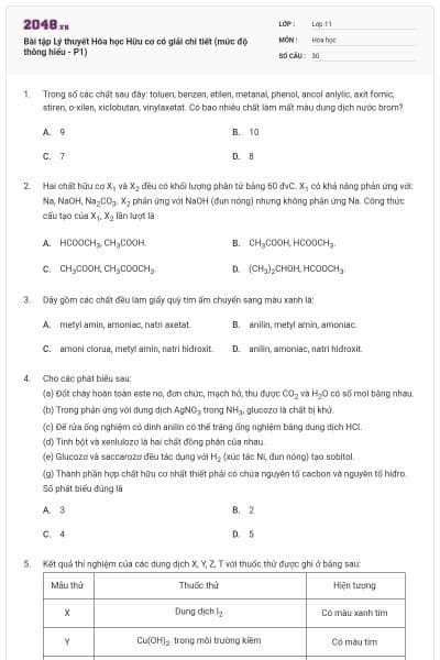Bài tập Lý thuyết Hóa học Hữu cơ có giải chi tiết (mức độ thông hiểu - P1)