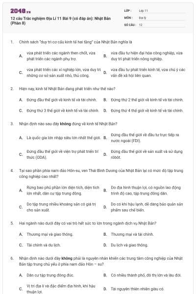 12 câu Trắc nghiệm Địa Lí 11 Bài 9 (có đáp án): Nhật Bản (Phần 8)